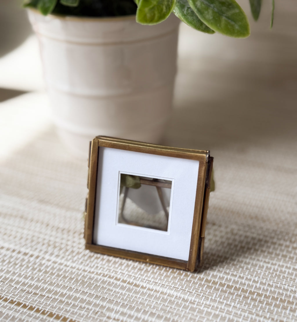 Vintage Small Brass Frame, Floating Glass with White Picture Matte | 2"x2" | Keepsake