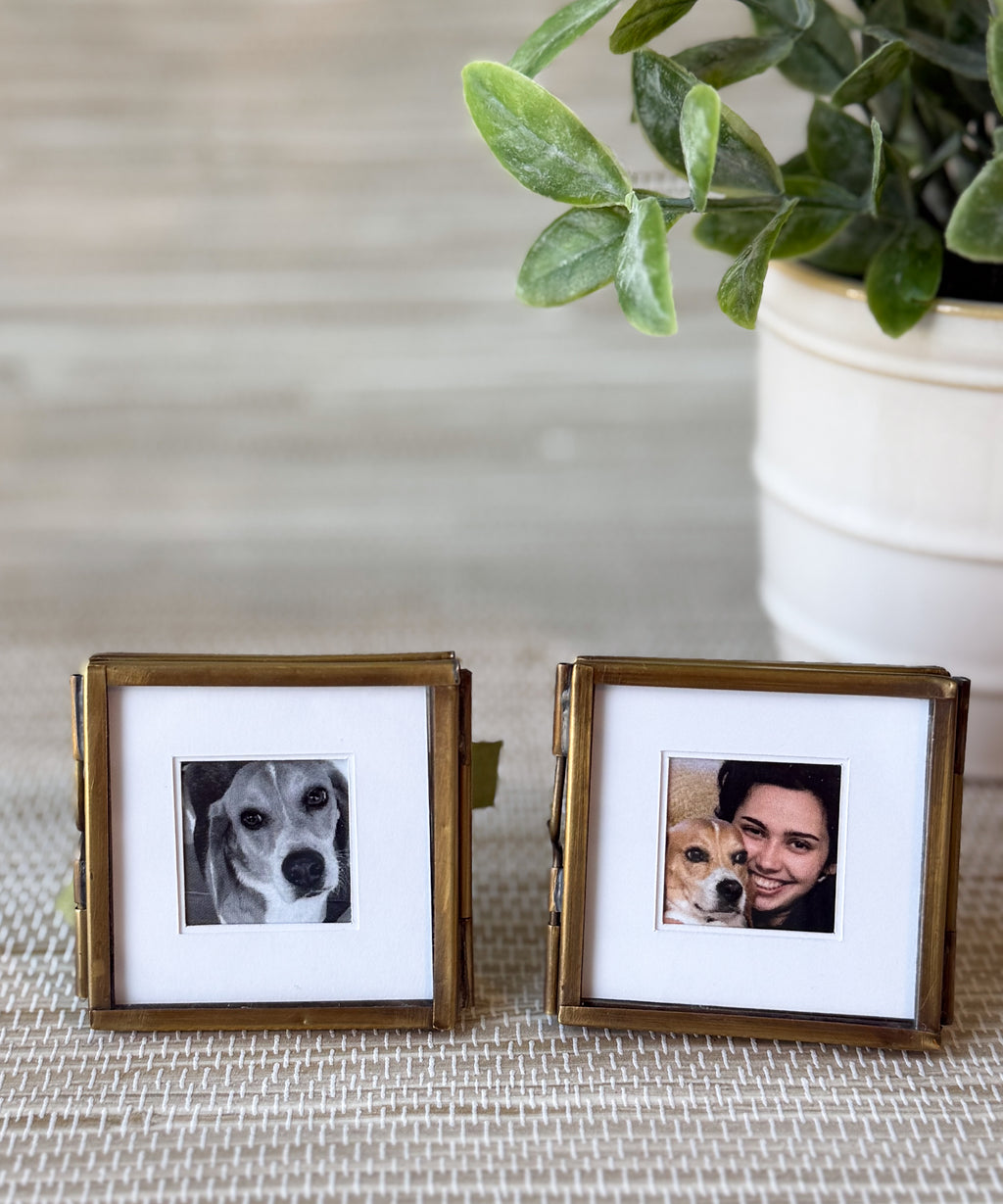 Vintage Small Brass Frame, Floating Glass with White Picture Matte | 2"x2" | Keepsake
