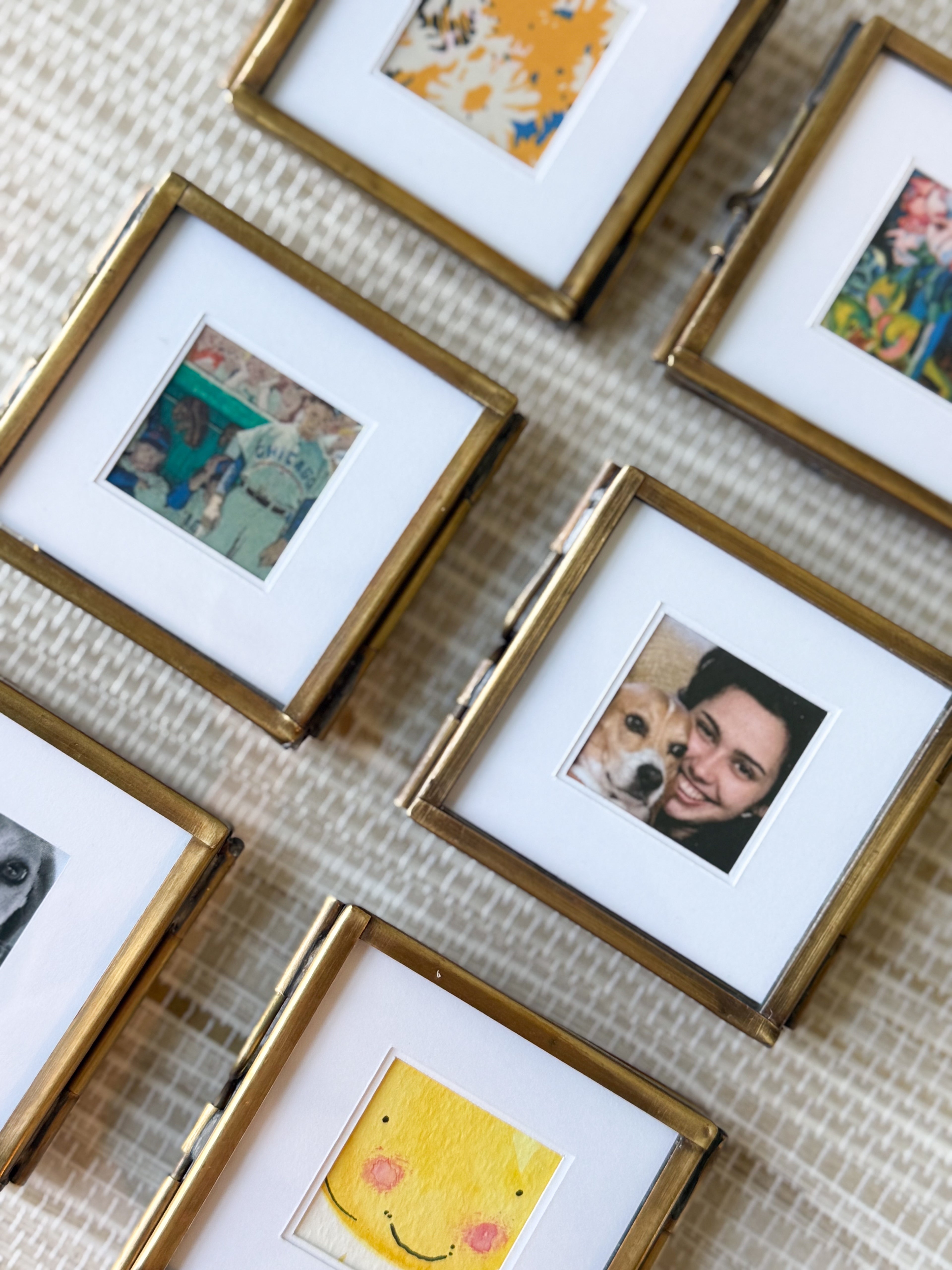 Vintage Small Brass Frame, Floating Glass with White Picture Matte | 2"x2" | Keepsake