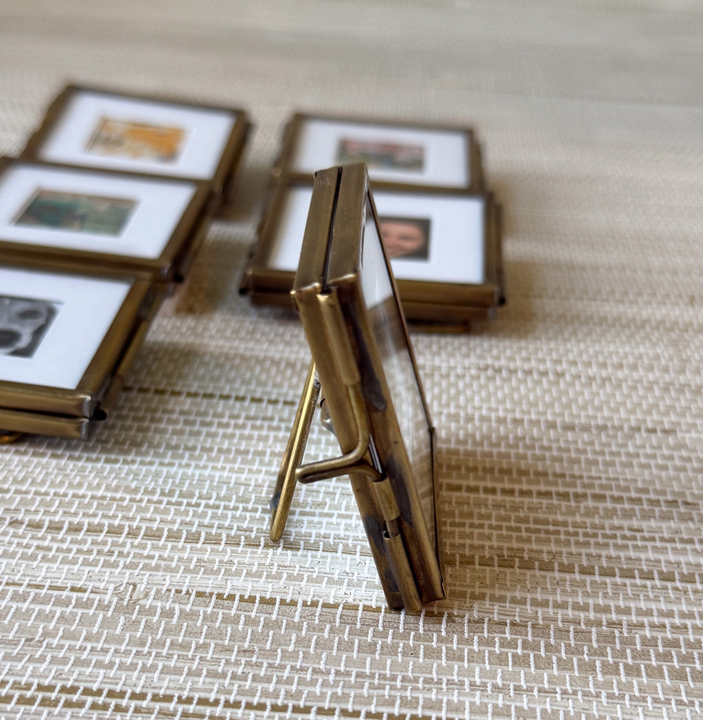 Vintage Small Brass Frame, Floating Glass with White Picture Matte | 2"x2" | Keepsake