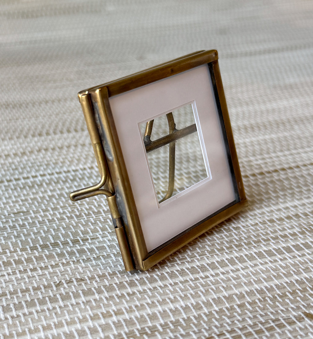 Vintage Small Brass Frame, Floating Glass with White Picture Matte | 2"x2" | Keepsake