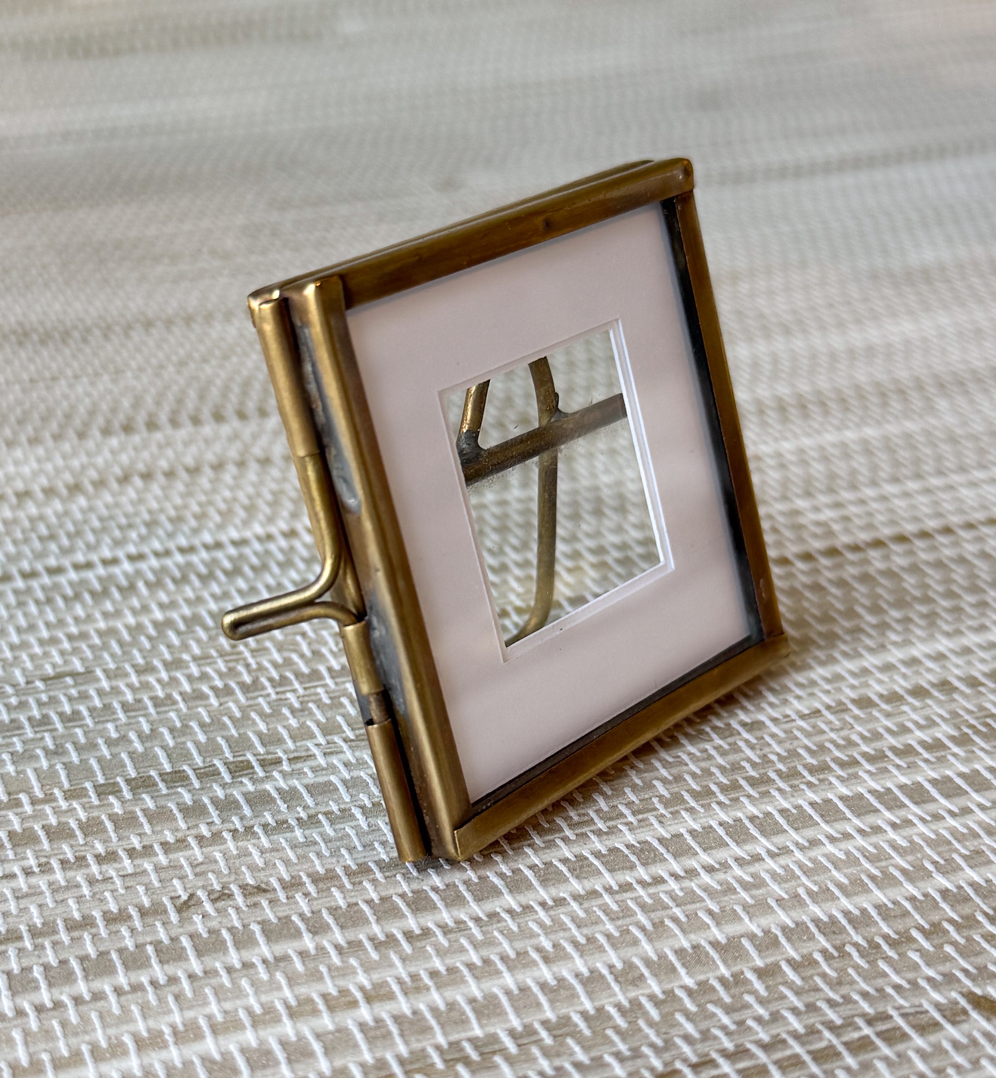 Vintage Small Brass Frame, Floating Glass with White Picture Matte | 2"x2" | Keepsake
