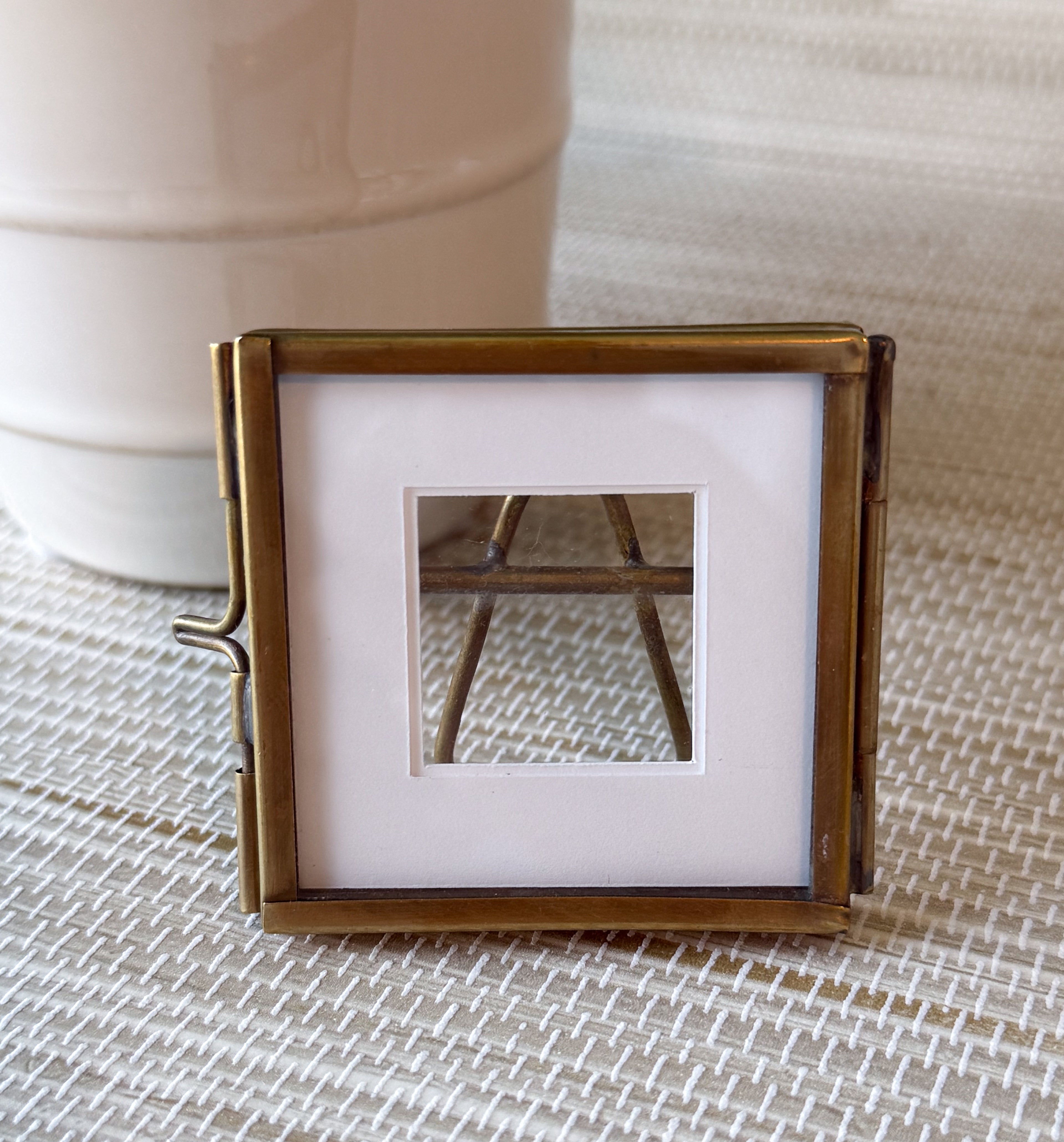 Vintage Small Brass Frame, Floating Glass with White Picture Matte | 2"x2" | Keepsake