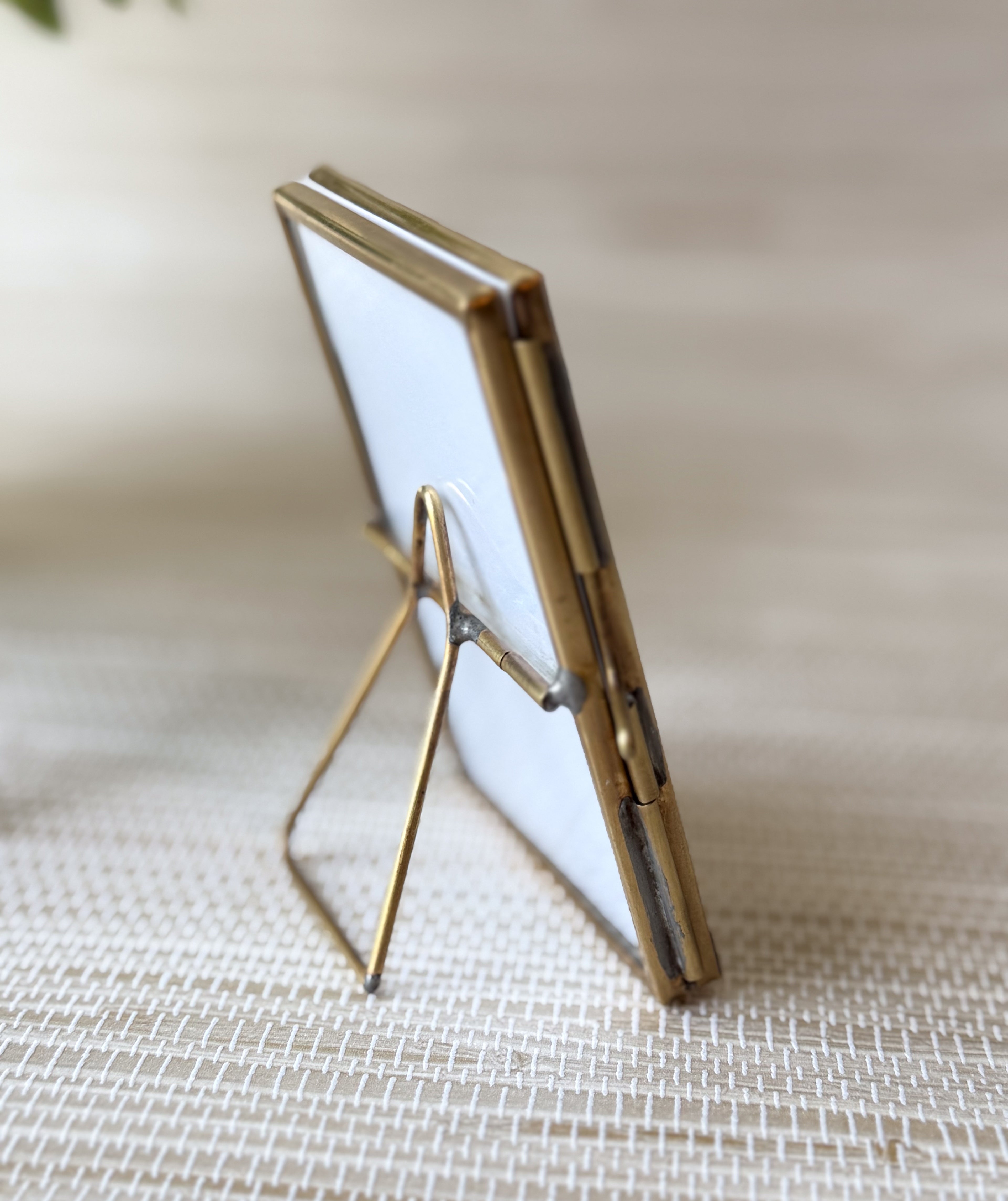 Vintage Small Brass Frame, Floating Glass with White Picture Matte | 2"x2" | Keepsake