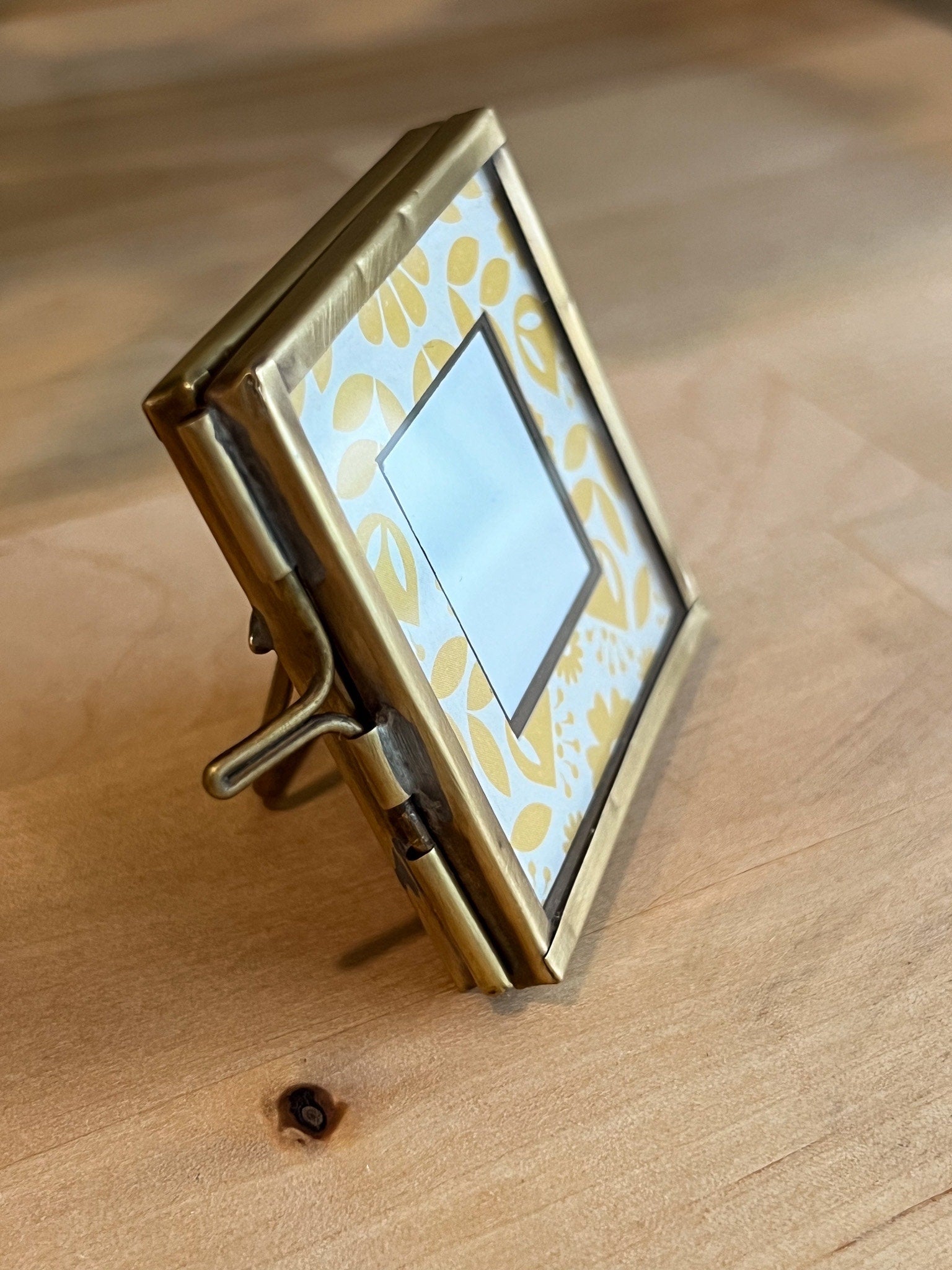 Handmade Square Mini Brass Frame with Floating Glass with Yellow Floral Picture Matte | 2"x2"