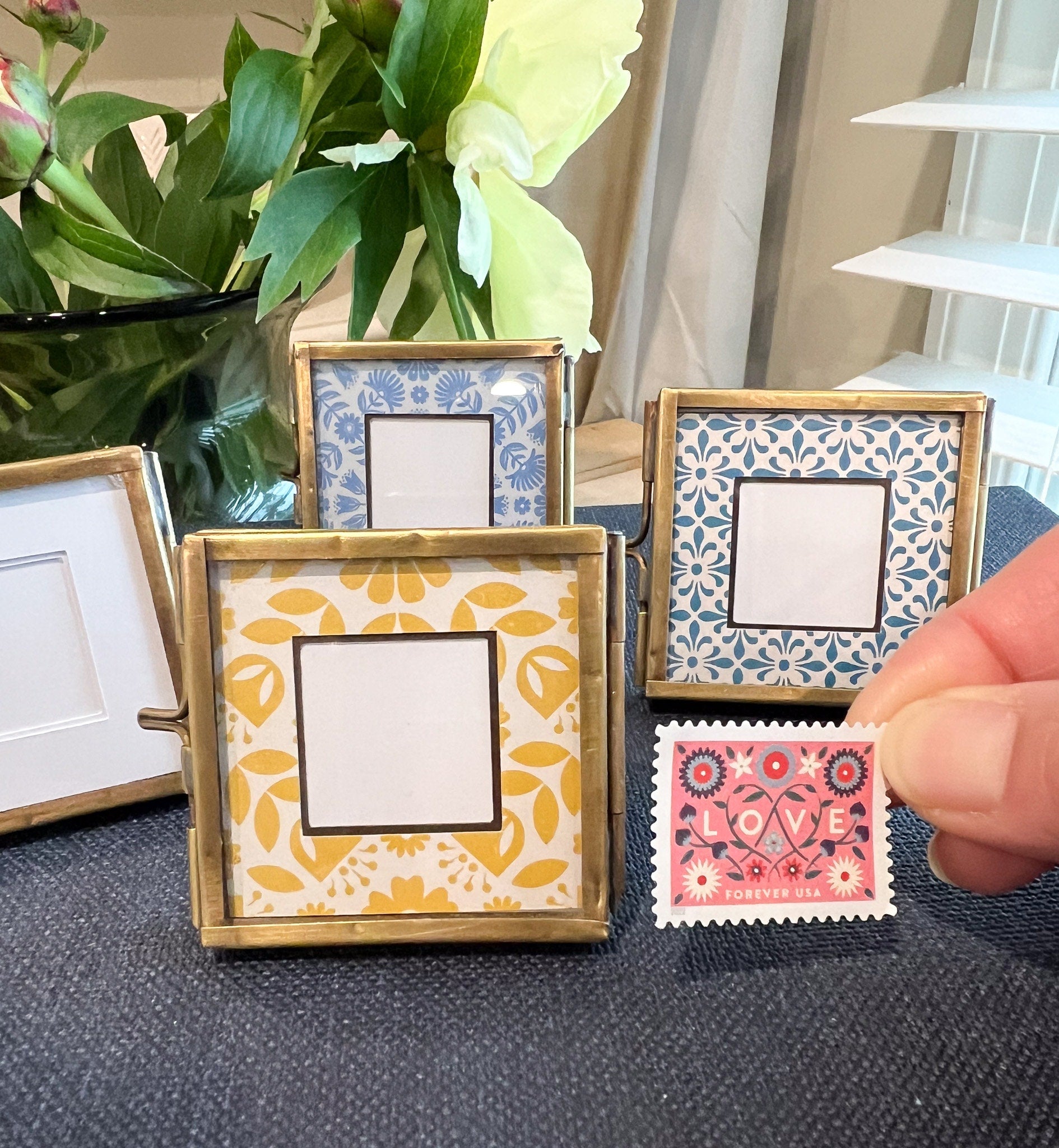 Handmade Square Mini Brass Frame with Floating Glass with Yellow Floral Picture Matte | 2"x2"