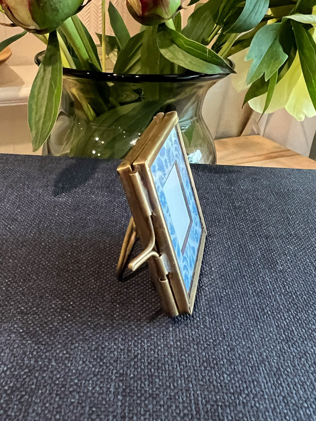 Handmade Square Mini Brass Frame with Floating Glass with Blue Floral Matte | 2"x2"