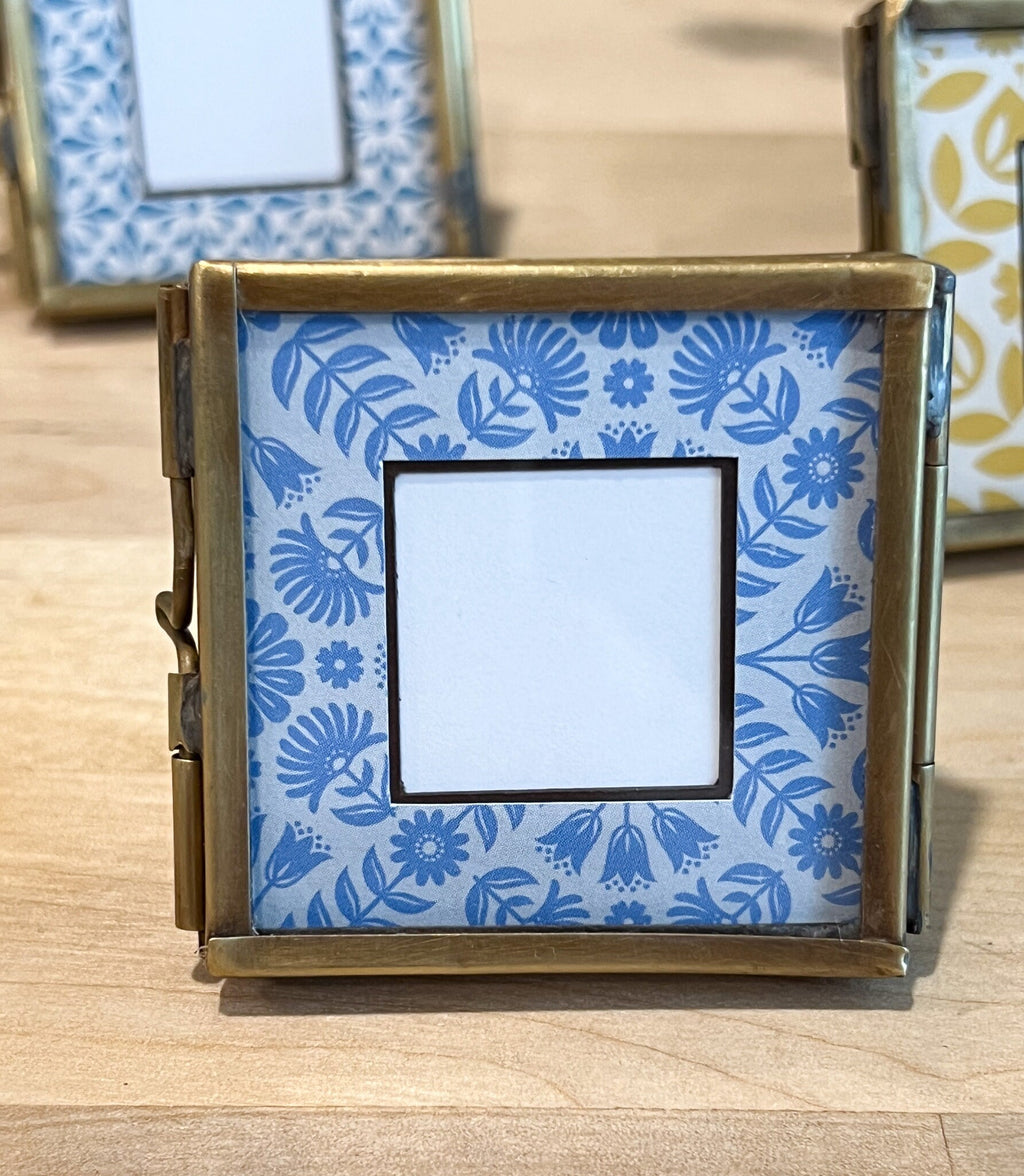 Handmade Square Mini Brass Frame with Floating Glass with Blue Floral Matte | 2"x2"