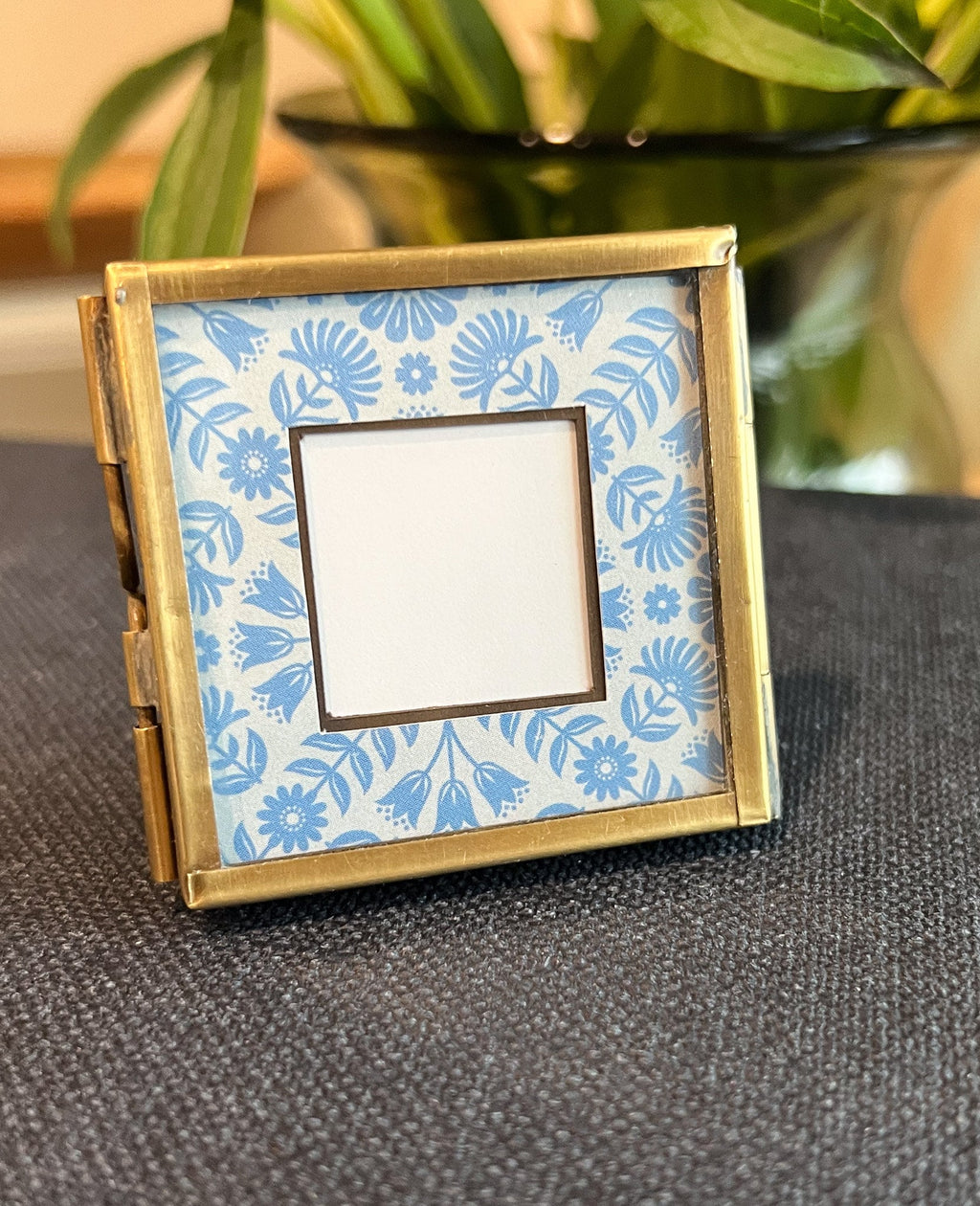 Handmade Square Mini Brass Frame with Floating Glass with Blue Floral Matte | 2"x2"