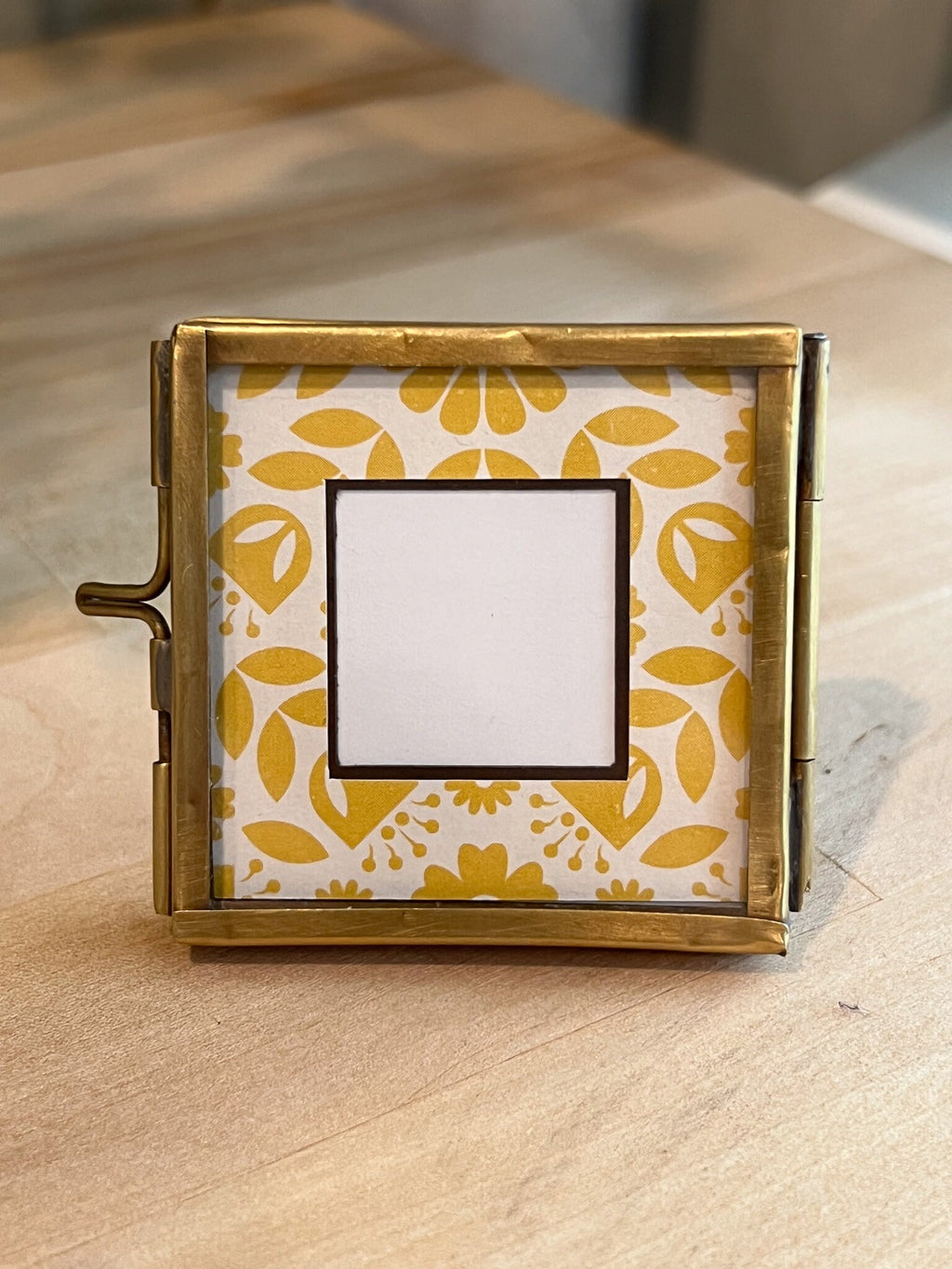 Handmade Square Mini Brass Frame with Floating Glass with Yellow Floral Picture Matte | 2"x2"
