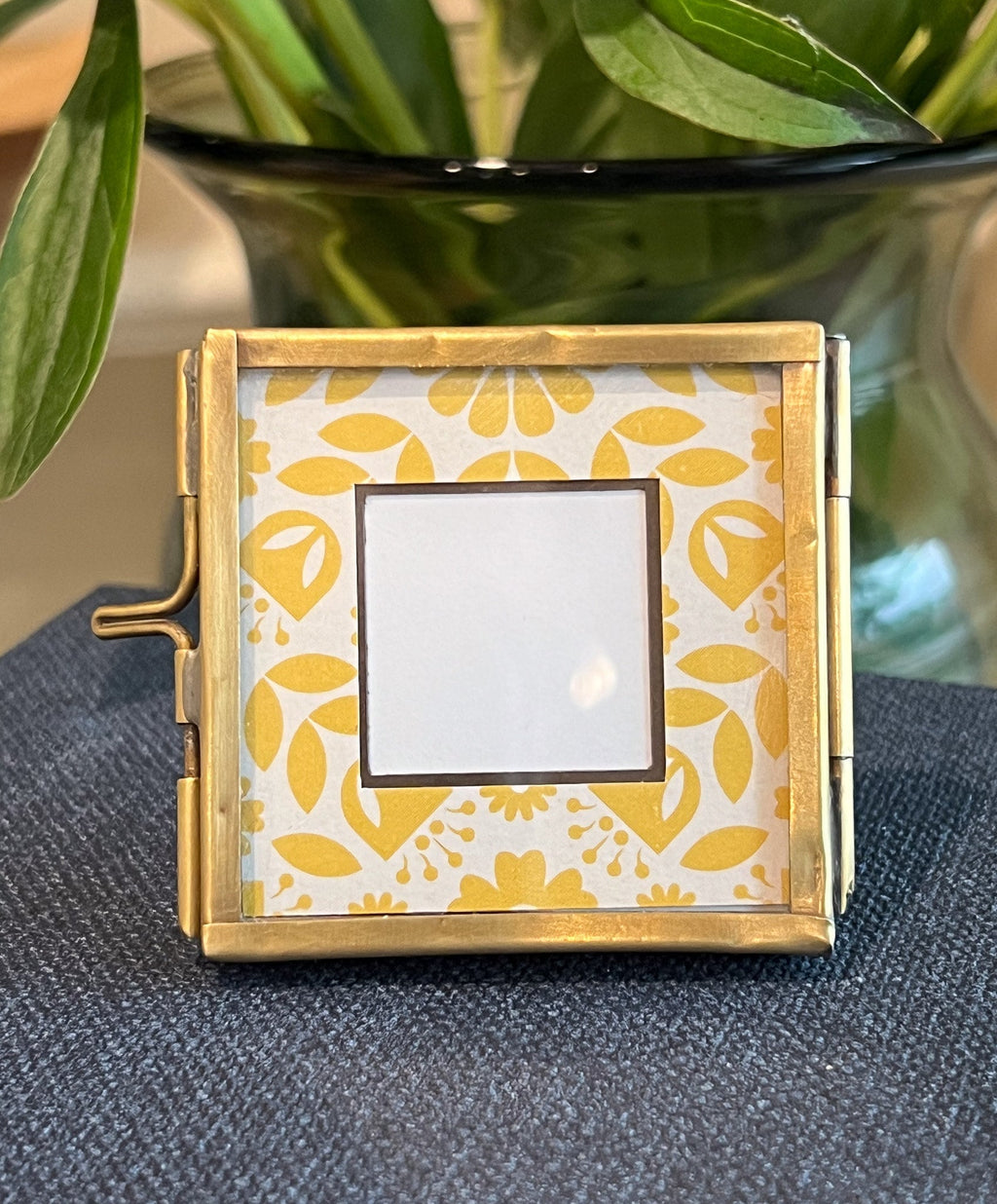 Handmade Square Mini Brass Frame with Floating Glass with Yellow Floral Picture Matte | 2"x2"