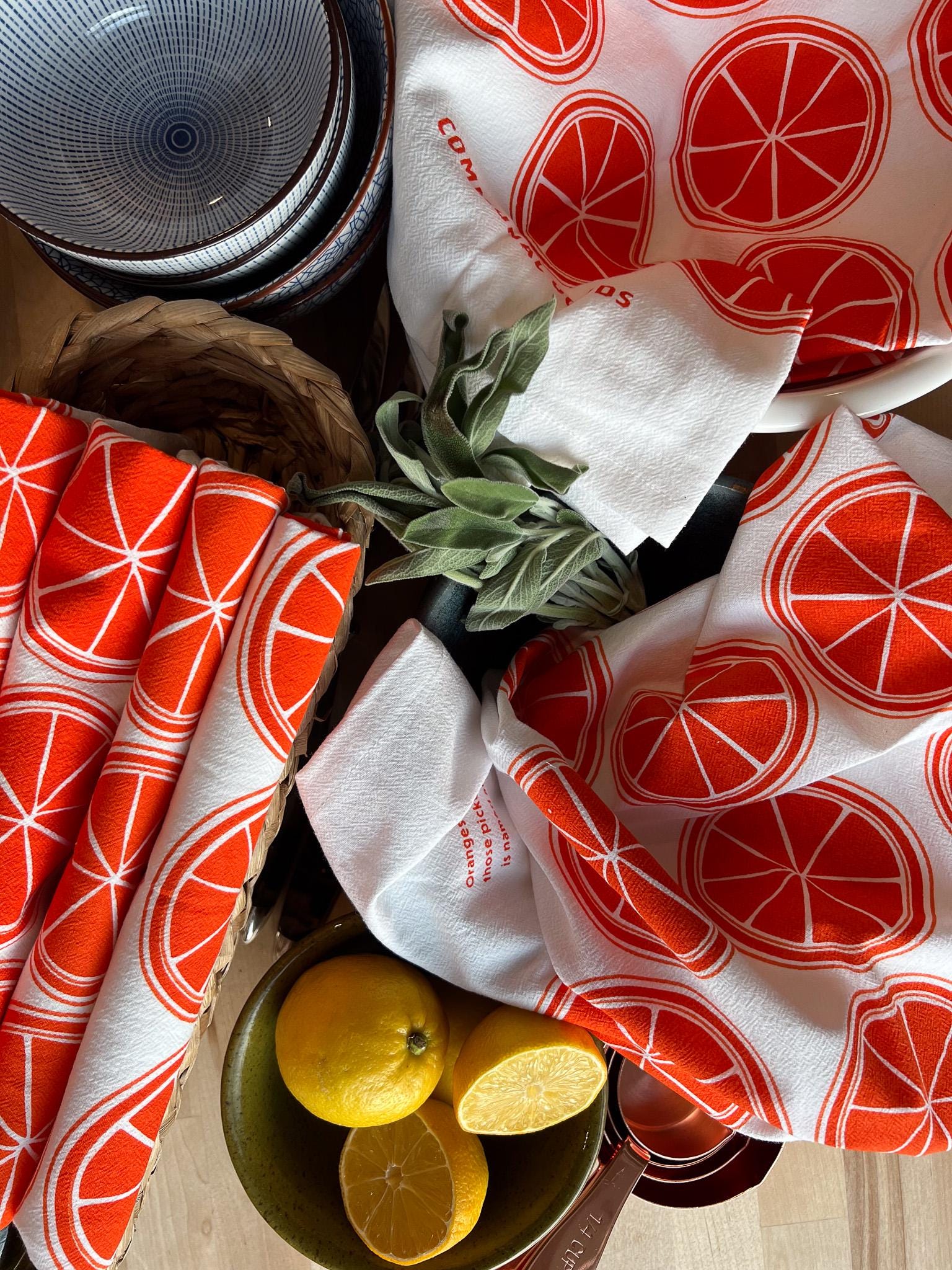 Flour Sack Kitchen Towel Citrus Modern Oranges Fruit Hanging Loop Cotton