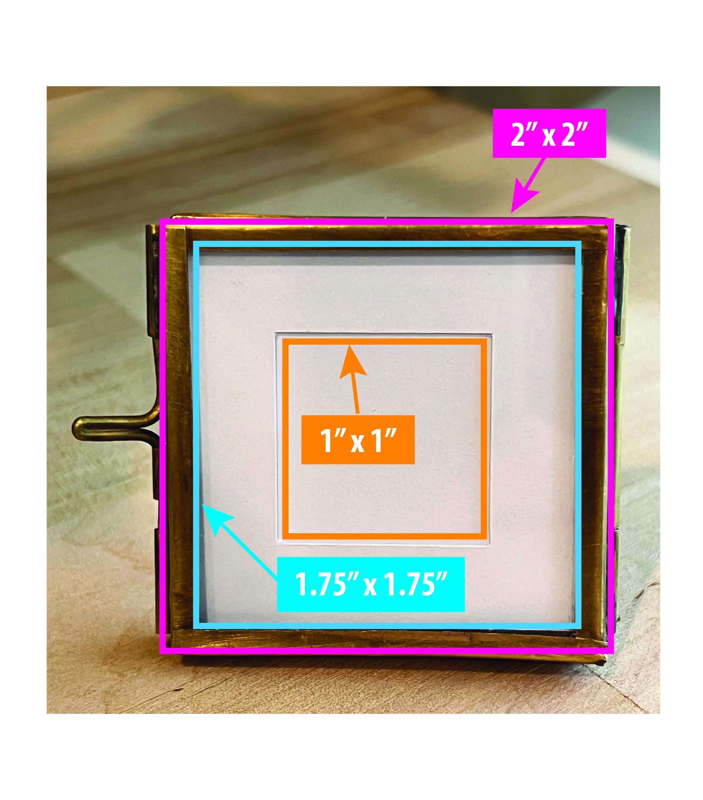 Vintage Small Brass Frame, Floating Glass with White Picture Matte | 2"x2" | Keepsake