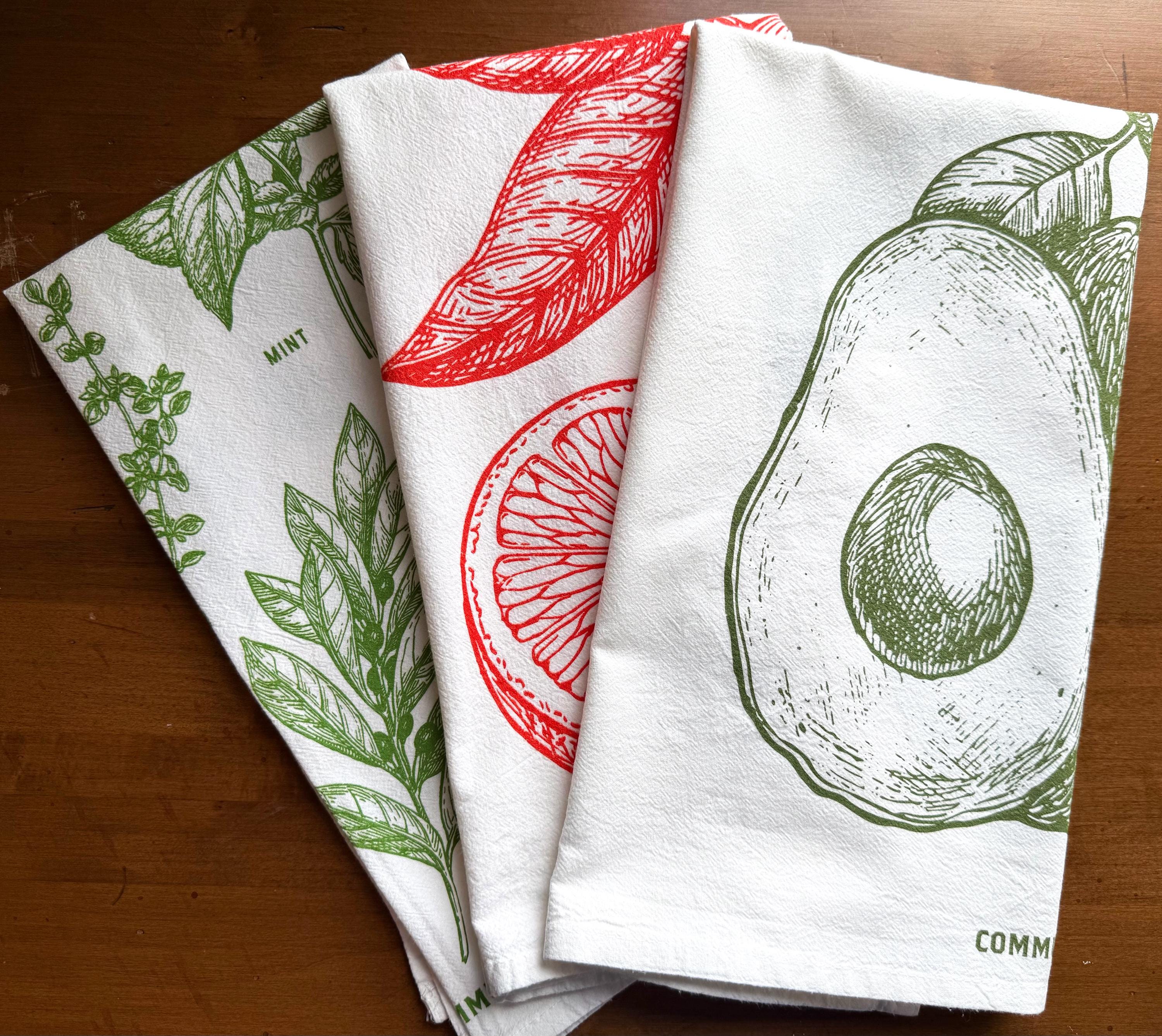 Flour Sack Kitchen Towels: Set of 3, Herbs, Avocados & Oranges Farmhouse Designs | Homeware