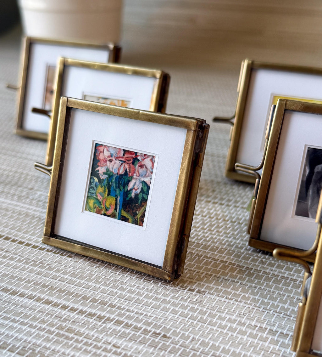 Vintage Small Brass Frame, Floating Glass with White Picture Matte | 2"x2" | Keepsake