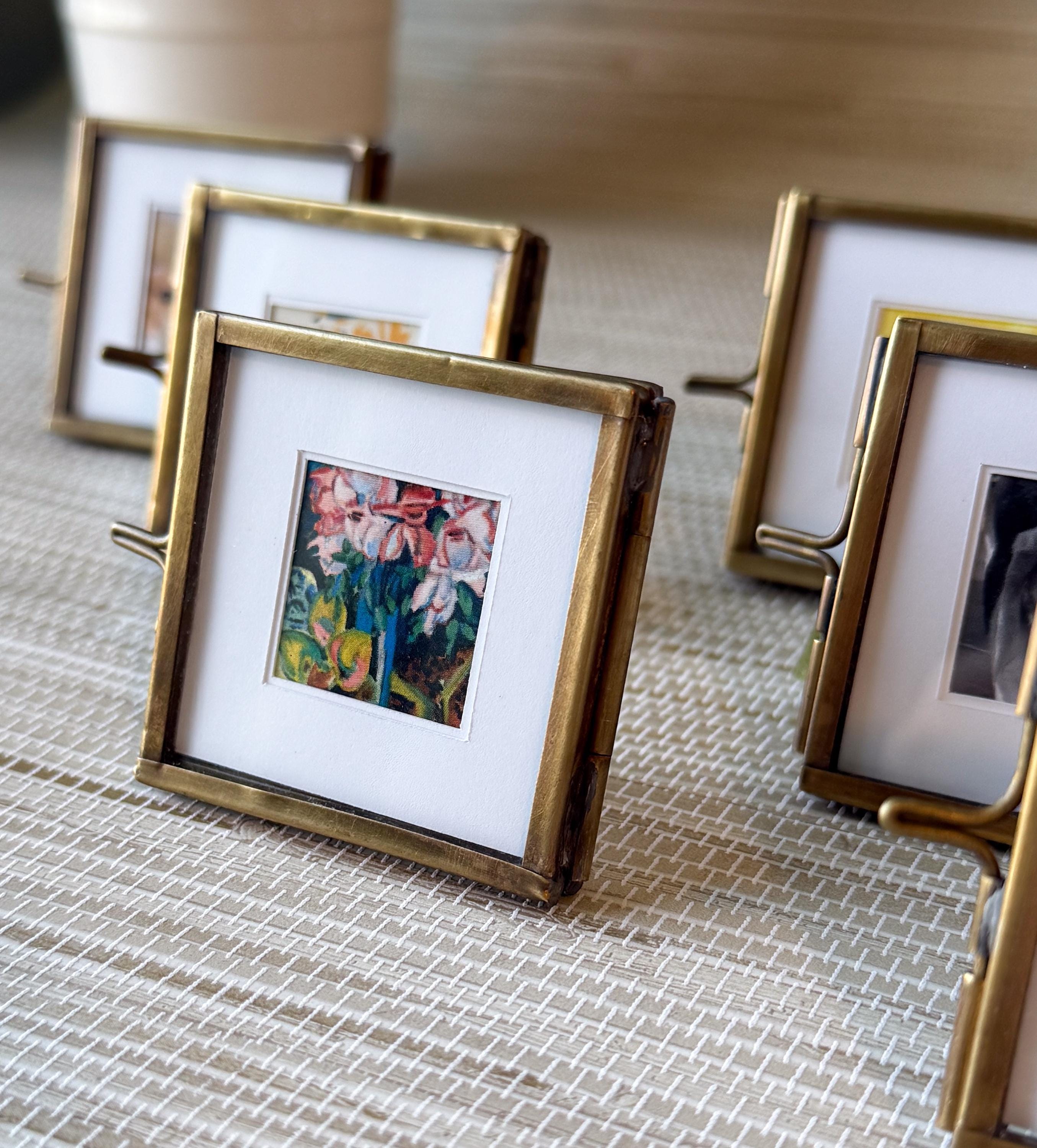 Vintage Small Brass Frame, Floating Glass with White Picture Matte | 2"x2" | Keepsake