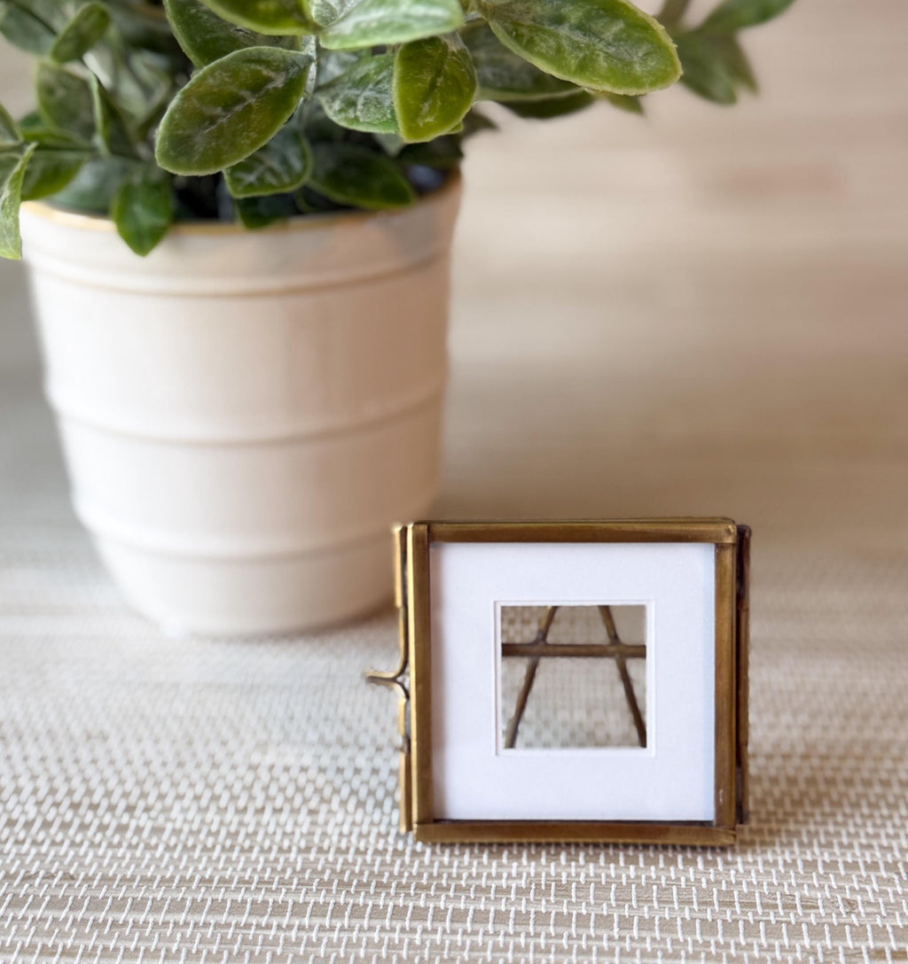 Vintage Small Brass Frame, Floating Glass with White Picture Matte | 2"x2" | Keepsake