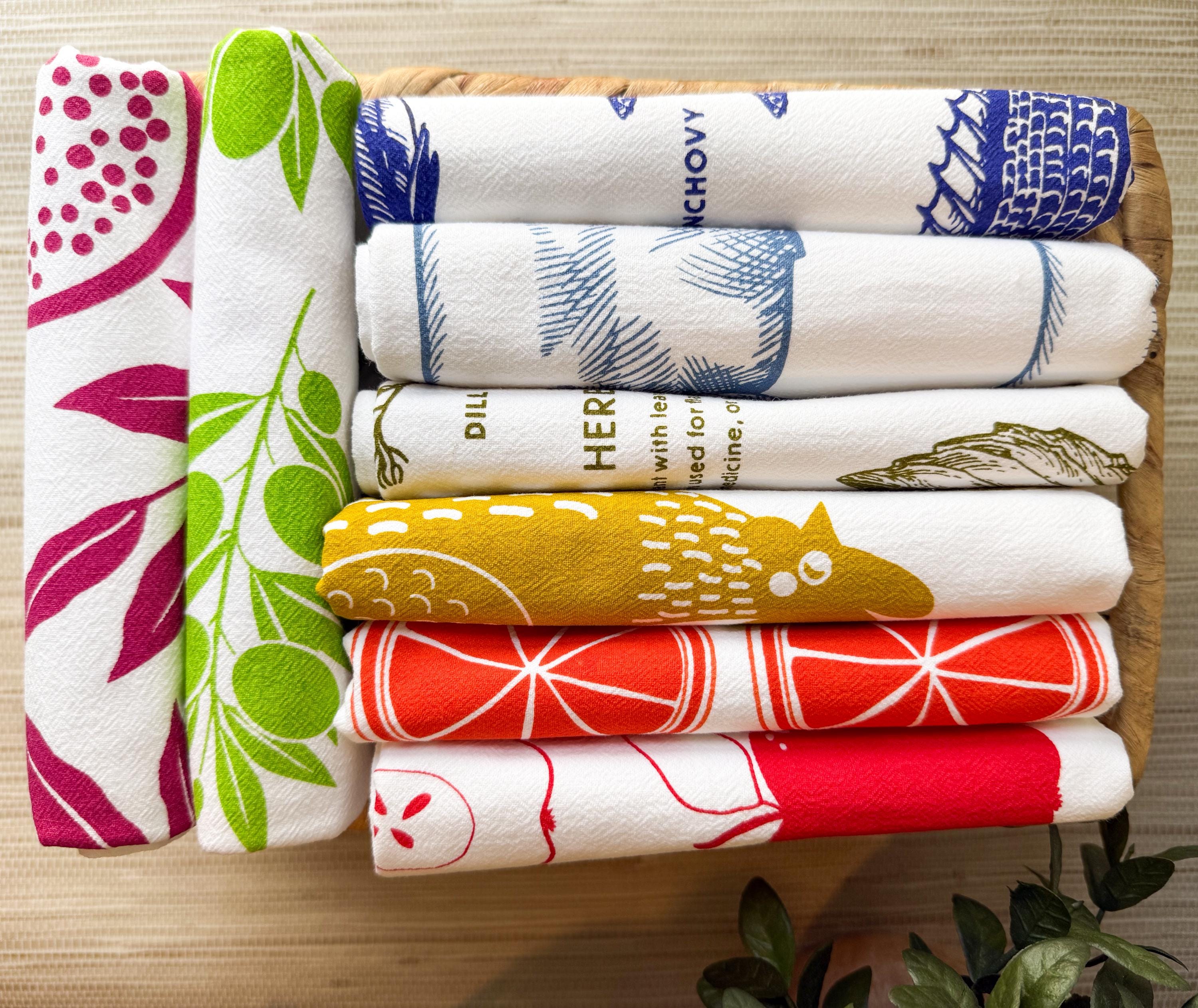 Cotton Oversized Tea Towels, Set of 2, Fruit, Citrus & Botanical Designs