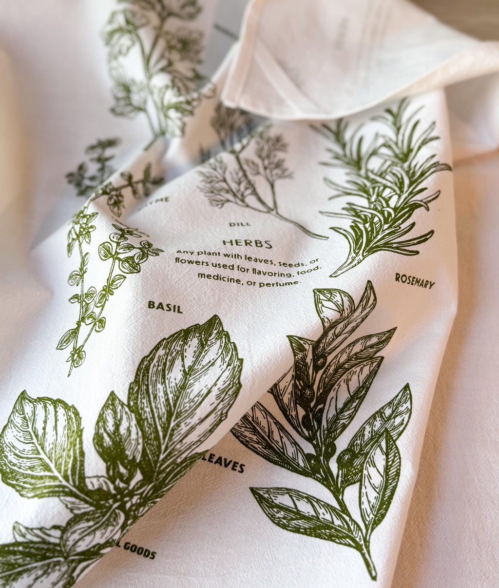 Garden Tea Towel, Herbs Cotton Kitchen Towel, Oversized | 28"x28"