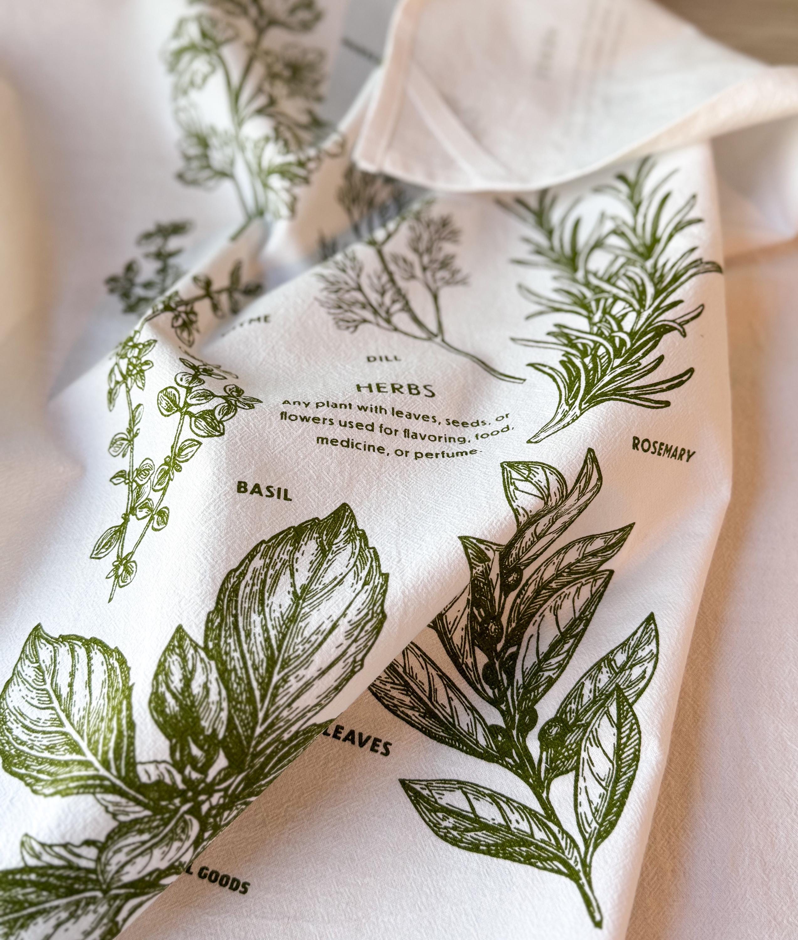 Garden Tea Towel, Herbs Cotton Kitchen Towel, Oversized | 28"x28"